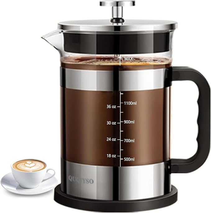 QUQIYSO French Press Coffee Maker 51oz 304 Stainless Steel French Press with 4 Filter, Heat Resistant Durable, Easy to Clean, Borosilicate Glass Coffee Press, Sliver