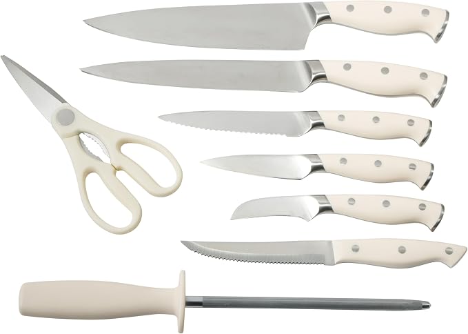 Martha Stewart Greeley Forged High Carbon Stainless Steel 14 Piece Knife Block Set, Linen White Kitchen Knife Set with Acacia Wood Block, Chef Knife, Bread Knife, Steak Knives