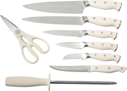 Martha Stewart Greeley Forged High Carbon Stainless Steel 14 Piece Knife Block Set, Linen White Kitchen Knife Set with Acacia Wood Block, Chef Knife, Bread Knife, Steak Knives