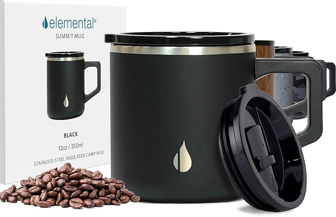Elemental Insulated Coffee Mug - Triple-Wall Stainless Steel Summit Travel Cup for Hot and Cold Drinks - Thermal Coffee Mug with Lid and Handle for Camping, Office & Travel 12oz - Black