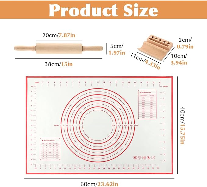 Rolling Pin Set for Baking, Wooden Dough Roller with a 24×16 Inch Silicone Mat and Stand, Kitchen Pastry Baking Accessories for Pie Crust, Cookies, Pizza Dough and Bread