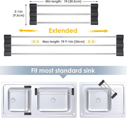 Tomorotec Adjustable Over-The-Sink Kitchen Rack for Dishcloths, Sponges, Bottles and Brushes - Heat-Resistant Stainless Steel with Slim, Expandable Design and Multifunctional Silicone Holder