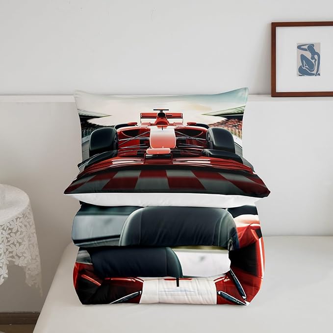 Manfei 3D Red Formula Car Comforter Set,Cool Racing Car Bedding Set Kids Teens Modern Decor,Racing Speed Sport Comforter with 1 Pillowcase for All Seasons,Twin