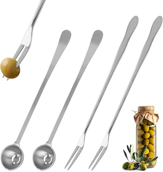 4 Pcs Pickle Fork and Olive Spoon Set, 7.48Inch Olive Spoons with Holes, 8.07Inch Pickle Forks, for the Jar, Suitable for Olives Pickles Onion Cucumber(COLOR:Silver)