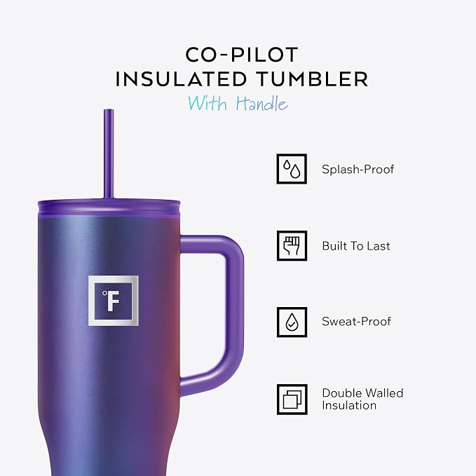 IRON °FLASK Co-Pilot Insulated Mug w/Straw & Flip Cap Lids - Cup Holder Bottle for Hot, Cold Drink - Leak-Proof - Water, Coffee Portable Travel Mug - Burgundy, 40 Oz
