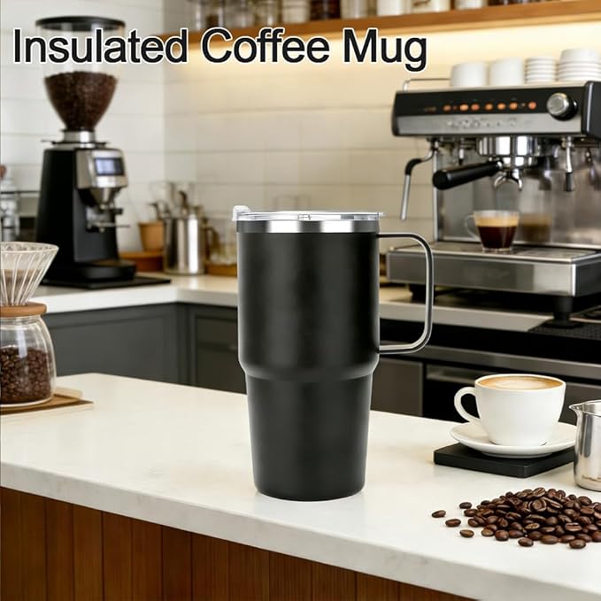 Sursip Insulated Coffee Mug with Handle and Lid, 24 oz Double Wall Vacuum Travel Thermal Coffee Tumbler with Straw for Home, Office & Outdoor Stainless Steel Coffee Cup - Leak proof, BPA Free (2 Pack)