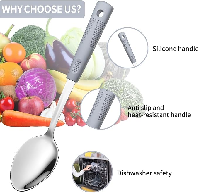 Metal Serving Spoons Set, Large Serving Spoons with Silicone Handles, Stainless Steel Serving Spoon, Slotted Spoon & Soup Ladle Set for Buffet and Home Kitchen (Grey)