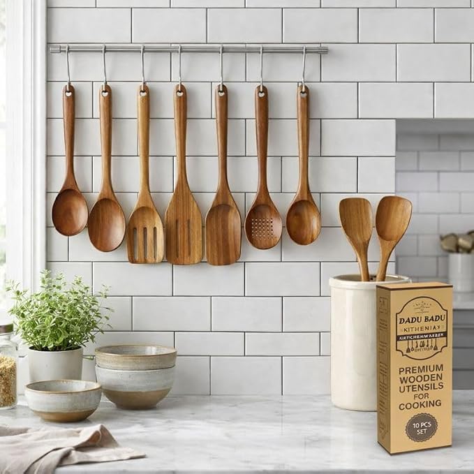 DADU BADU Teak Wooden Utensil Set of 10 – Non-Toxic Cooking Spoons & Spatulas for Nonstick Pans – Includes Pasta Spoon, Ladle, Skimmer – Premium Wood Kitchen Gift Set with Holder
