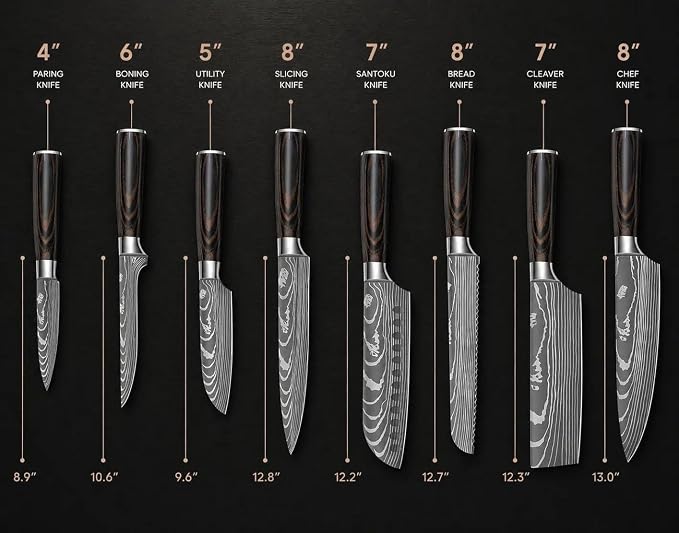 DRAGON ROIT Japanese Knives Set Damascus Pattern Chef Knife Set for Kitchen with Roll Bag, Sharp Stainless Kitchen Knife Set Brown Handle