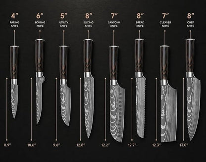 DRAGON ROIT Japanese Knives Set Damascus Pattern Chef Knife Set for Kitchen with Roll Bag, Sharp Stainless Kitchen Knife Set Brown Handle