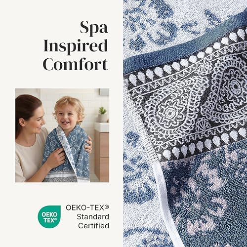 Modern Threads 6 Piece Bath Towel Set – Bathroom Set with 2 Bath Towels, 2 Hand Towels, and 2 Wash Cloths – 100% Cotton, Super Absorbent & Extra Soft – Reversible Floral Trail (Navy)