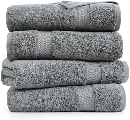 LANE LINEN Bath Sheet Quick Dry 100% Cotton 4 Pack Soft - Cool Grey