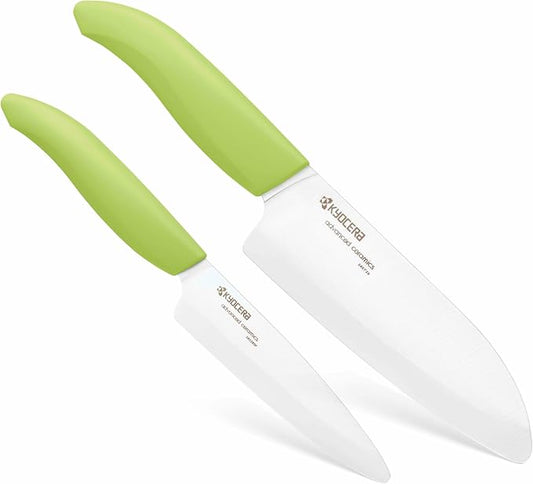 KYOCERA Revolution 2-Piece Ceramic Knife Set: 5.5" Santoku and 4.5" Utility Knife for Your Cooking Needs, White Blades with Green Handles
