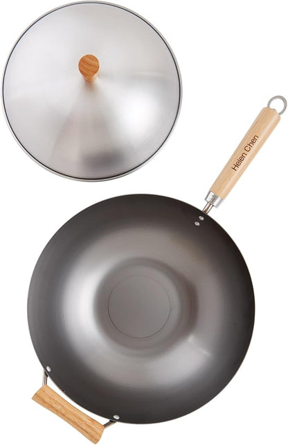 Helen's Asian Kitchen Carbon Steel 4-Piece Wok Set, 13.5-Inch With Lid