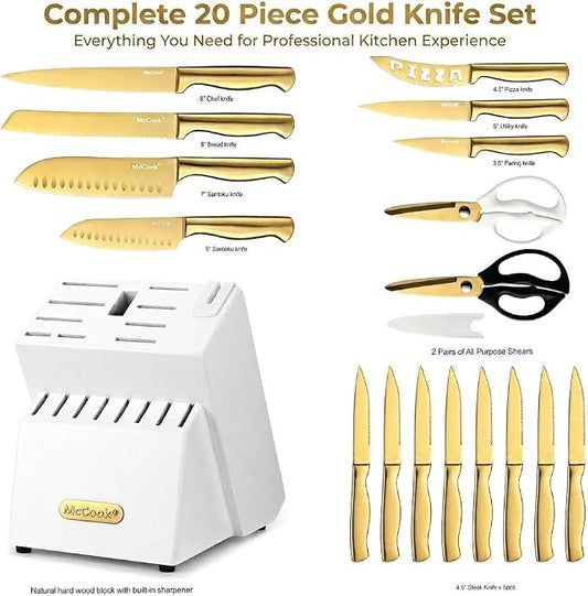 McCook® Kitchen Knife Sets, Golden Titanium Stainless Steel Knives Block Set with Built-in Sharpener, 20 Piece Knives, Restaurant Grade Sharp, Elegant Gold & Stylish Wooden Block for Modern Culinary