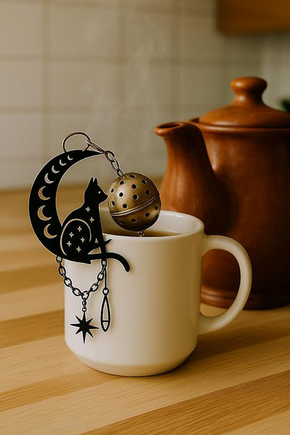 Black Cat Tea Infuser Strainer Metal Ball - Spooky Home Decor, Halloween Gift, Goth Themed Decorations