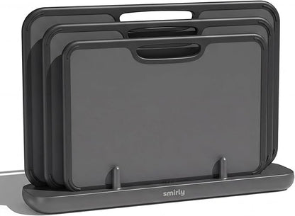 SMIRLY Plastic Cutting Board Set with Holder, Non-Slip Chopping Boards for Kitchen, Dishwasher Safe, Essential Kitchen Gadgets, 3 Pack, Dark Gray