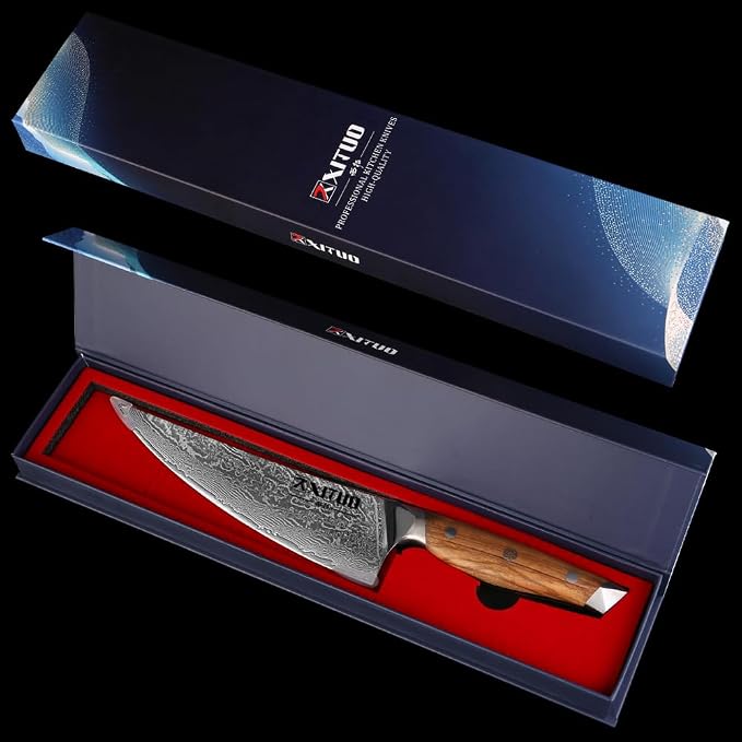 XITUO 8-Inch Damascus Steel Chef Knife, Olive Wood Handle – Japanese-Inspired Kitchen Knife for Chopping, Mincing & Slicing Meat, Poultry & Vegetables, Gift for Pro & Home Cooks