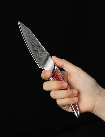 3.5 inch Paring Knife, Japanese VG-10 Damascus Steel Kitchen Knife, Ultra Sharp Fruit Knife with Full-tang Handle in Red Resin, LA-S9 Series