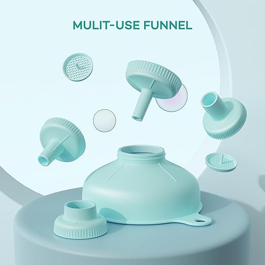Pisol Wide Mouth Versatile Funnel, Canning Funnels for Kitchen Use, Food Grade Plastic Cooking Funnel Set with 4 Size Spouts and 2 Strainers for Filling Different Bottles and Bags, Teal