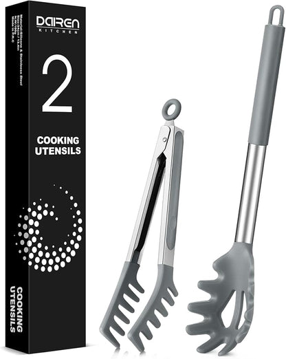 Spaghetti Spoon and Pasta Tong, Non-stick Silicone Spoon Server Fork With Teeth and Stainless Steel Handle, Food Clip for Noodles (Grey)