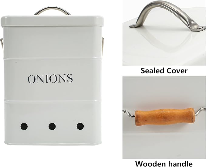 Onion Storage Bin, Metal Storage Tin with Aerating Holes - Kitchen Pantry Organizer, Fresh Keeper (White)