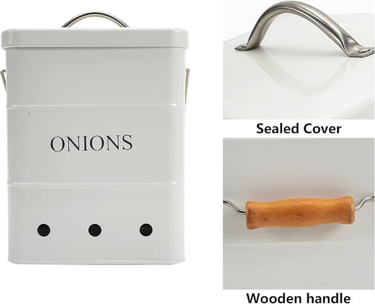 Onion Storage Bin, Metal Storage Tin with Aerating Holes - Kitchen Pantry Organizer, Fresh Keeper (White)