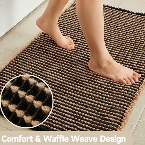 TYUU Waffle Runner Rug Bathroom, Long Boho Bath Mat, 60x24 Khaki & Black