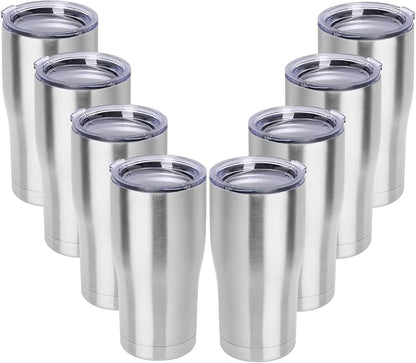 DOMICARE 20oz Tumbler with Lid Stainless Steel Tumblers Bulk, Double Wall Vacuum Insulated Coffee Travel Mug, 8 Count (Pack of 1) Stainless Steel