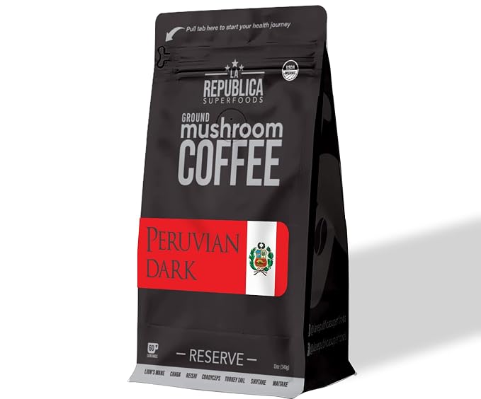 La Republica Peruvian Dark Reserve Coffee Ground for Espresso Maker (Lion's Mane, Reishi, Chaga, Dark Roast, 60 Servings)