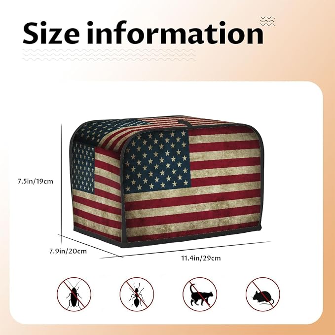 Flag Retro Usa Toaster Cover 2 Slice Wide Slot Washable Kitchen Appliance Covers Fingerprint Bread Machine Dust Cover Small Toaster Oven Accessories Covers Bread Maker Bag Women Gift