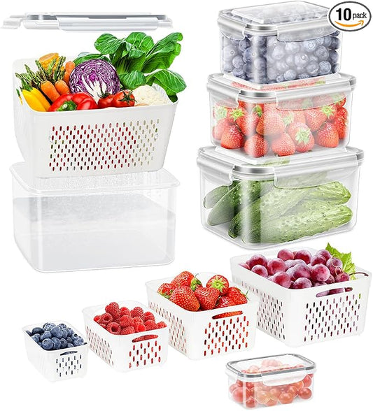 5 Pack Fruit Storage Containers for Fridge with Removable Colander, Produce Containers BPA-free Fridge Organizer to Keep Berry Lettuce Vegetable Fresh, Dishwasher & Microwave Safe