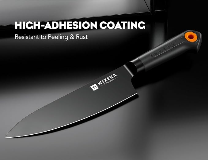 WIZEKA Kitchen Knife Block Set: 15 Pieces Dishwasher Safe Knives Set for Kitchen, Ultra Sharp Black Knife Set With Sharpener, Non-Slip Handle, Anti-Rust Coating, Dark Vision Series, Fathers day