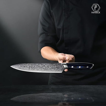 FANTECK Chef Knife 8 Inch Japanese Damascus Kitchen Knife, VG10 Super Steel 67 Layer High Carbon Professional Kitchen Chef Knives,Full Tang Ergonomic G10 Handle-with Sheath & Sharpener
