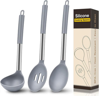 3Pcs Silicone Cooking Spoon Set, Kitchen Utensils Include Solid & Slotted Spoon, Soup Ladle, Food-Grade Heat Resistant 446°F, Non-Scratch Spoons for Serving, Stirring, Draining, Dishwasher Safe, Gray