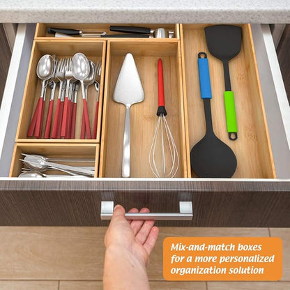 Bamboo Kitchen Drawer Organizer, Wooden Storage Box for Utensil Organizer Silverware Tray Cutlery Holder Flatware Containers - Multi-Use Deep Drawer Dividers Organizer for Bathroom, Jewelry, 12"6"2.5"