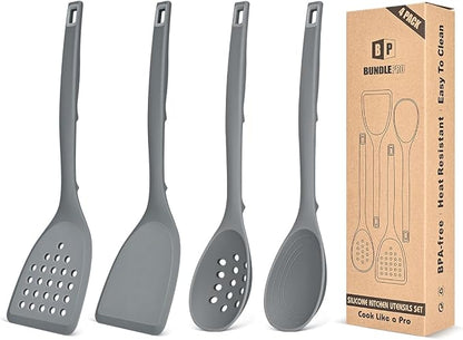 Pack of 4 Silicone Cooking Utensils Set, Non Stick Solid Spatulas and Heat Resistant Slotted Spoons with Back Hooks, Ideal BPA Free Kitchen Utensils Set for Frying,Serving,Turning,Stirring (GRAY)