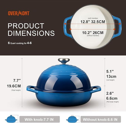 Overmont 6QT Enameled Cast Iron Bread Oven — Taller Body for Even Baking, Durable & Easy-to-Clean, Includes Dome Lid, Cotton Potholders & Cookbook, Perfect for Home Bakers & Sourdough Enthusiasts