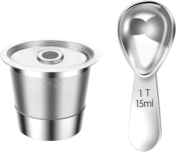 Reusable Stainless Steel Coffee Cup with Measuring Spoon for Single Serve Machines Sustainable Design