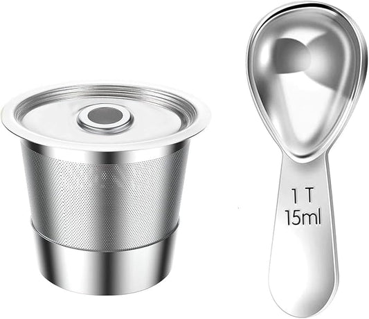 Reusable Stainless Steel Coffee Cup with Measuring Spoon for Single Serve Machines Sustainable Design