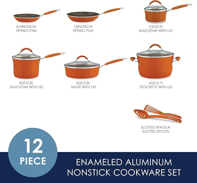 Rachael Ray Cucina Nonstick Cookware, Pumpkin Orange Pots and Pans Set, 12-Piece