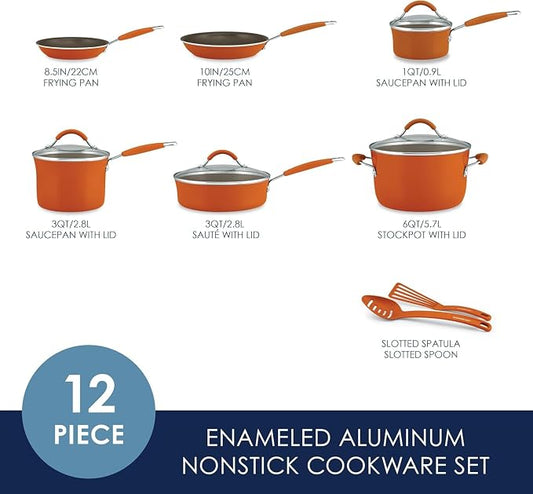 Rachael Ray Cucina Nonstick Cookware, Pumpkin Orange Pots and Pans Set, 12-Piece