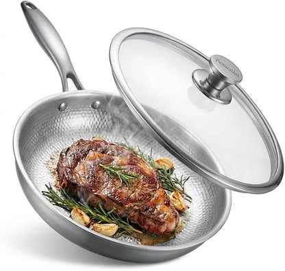 Titanium Frying Pan with Lid, 12" Uncoated Hammered Skillet for Cooking, PFAS/PFOA/PTFE Free Nonstick Cookware, Scratch Resistant, for Induction & Gas, Oven, Dishwasher Safe