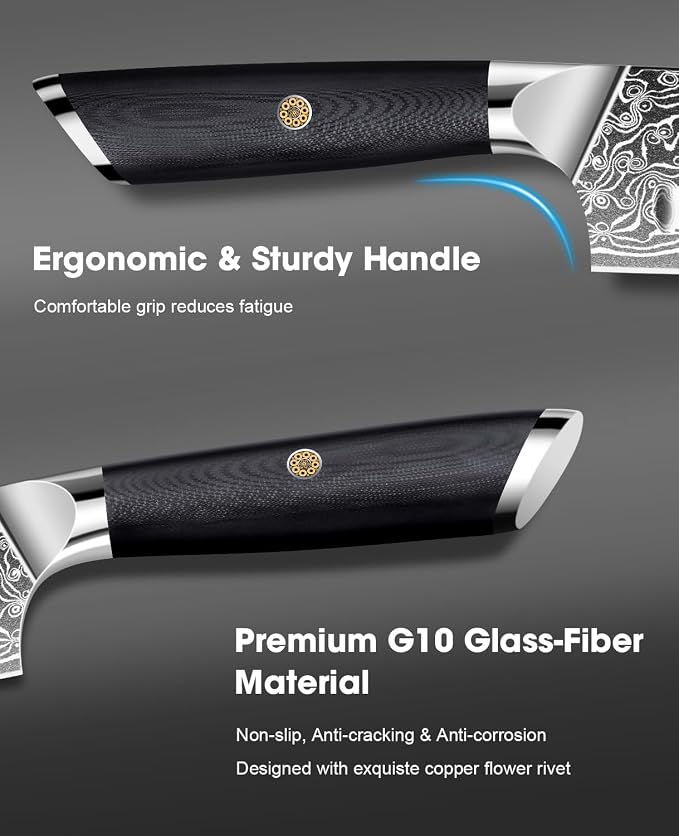 MOSFiATA Damascus 7" Santoku Knife, Damascus Stainless Steel VG10 Core, Chef's Knives Chopping Cooking Knife Set with G10 Handle Sharpener Gift Box