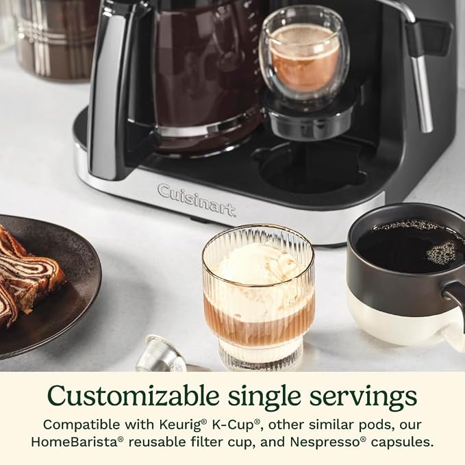 Cuisinart Coffeemaker, Coffee Center Barista Bar 4-In-1 Coffee Machine, Single-Serve Coffee, Espresso & Nespresso Capsule Compatible, 12-Cup Carafe, Silver Crystal, SS-4N1SC