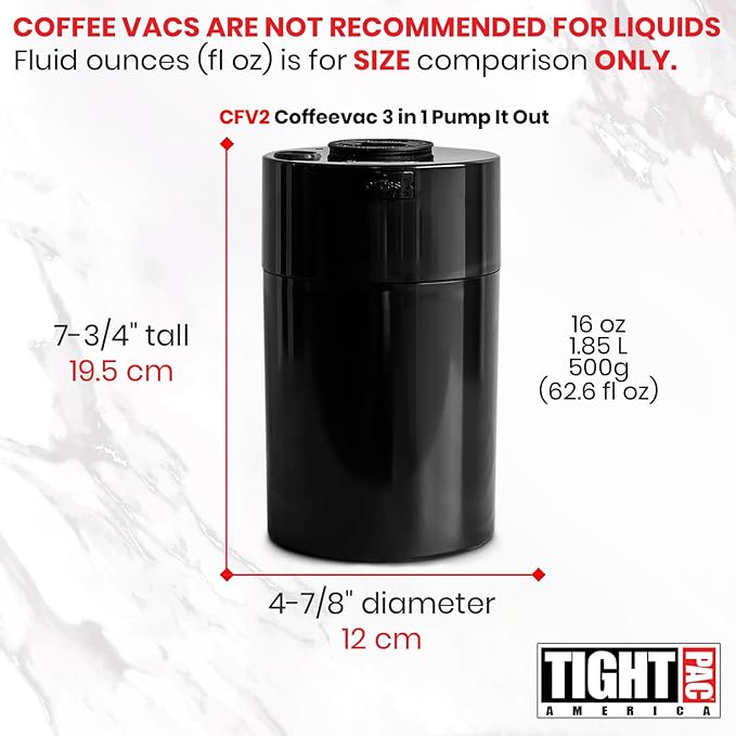 COFFEEVAC Pump It Out Airtight Coffee Container - Vacuum Coffee Storage Container for Ground Coffee Beans - Patented Vacuum Seal with Degassing Valve, 1 lb, Black