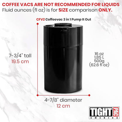 COFFEEVAC Pump It Out Airtight Coffee Container - Vacuum Coffee Storage Container for Ground Coffee Beans - Patented Vacuum Seal with Degassing Valve, 1 lb, Black
