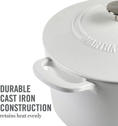 MARTHA STEWART Gatwick 7-Quart Enamel Cast Iron Dutch Oven Pot with Lid – Matte White – Durable Heavy-Duty Dutch Oven for Slow Cooking, Braising & Baking