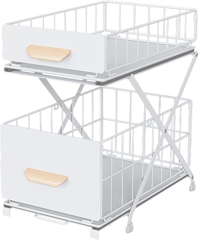 2 Tier Pull Out Pull out Cabinet Organizer with Adjustable Height, Under Sink Organizer, Slide out Pantry Shelves Drawer Storage for Kitchen Organization (White, 2 Tier)