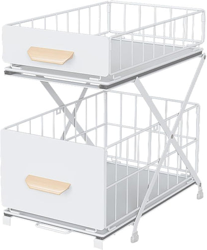 2 Tier Pull Out Pull out Cabinet Organizer with Adjustable Height, Under Sink Organizer, Slide out Pantry Shelves Drawer Storage for Kitchen Organization (White, 2 Tier)